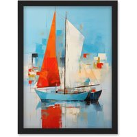 Artery8 Wall Art Print Abstract Sailing Boats Ships Oil Painting Palette Knife Bathroom Artwork Vibrant Orange Blue Harbor Seascape Artwork Framed A4
