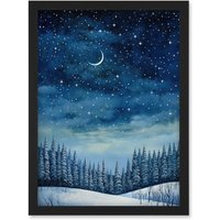 Artery8 Wall Art Print Clear Sky Starry Night in Forest Covered with Snow Oil Painting Crescent Moon Winter Landscape Artwork Framed A4 in Black