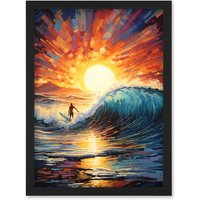 Artery8 Wall Art Print Sunset Surf Waves Surfing Artwork Vibrant Blue Purple Orange Setting Sun Behind Surfer in Wavy Seascape Artwork Framed A4