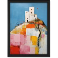 Artery8 Wall Art Print House on the Hill Oil Painting Abstract Geometric Patchwork Palette Knife Pastel Colour Rural Landscape Artwork Framed A4