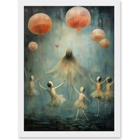 Artery8 Wall Art Print The Jellyfish Ballet Whimsical Surreal Underwater Dance Artwork Framed A4 in White