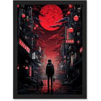 Artery8 Wall Art Print Midnight Blood Moon in Tokyo Conceptual Artwork Gothic Street Japan Cityscape Artwork Framed A4 in Black