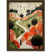 Artery8 Wall Art Print Walk on the Countryside Hill Path Folk Art Oil Painting Red Orange Green Abstract Landscape Artwork Framed A4 in Brown
