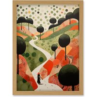 Artery8 Wall Art Print Walk on the Countryside Hill Path Folk Art Oil Painting Red Orange Green Abstract Landscape Artwork Framed A4 in Light Oak