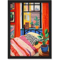 Artery8 Wall Art Print The Artist's Bedroom Henri Matisse Style Vibrant Patterns Colourful Oil Painting Artwork Framed A4 in Black