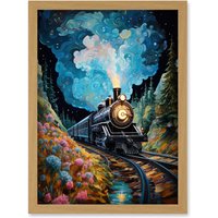 Artery8 Wall Art Print Train Ride to Imagination Land Conceptual Art Oil Painting Dream Journey Railroad Artwork Framed A4 in Light Oak