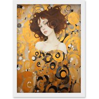 Artery8 Wall Art Print Woman Portrait Gustav Klimt Style Oil Painting Gold Brown Artist Muse Art Nouveau Artwork Framed A4 in White