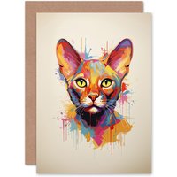 Artery8 Abyssinian Cat Lover Gift Pet Portrait Orange Pink Blue Artwork Painting Greeting Card