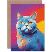 Artery8 British Shorthair Cat Lover Gift Pet Portrait Purple Orange Blue Artwork Painting Greeting Card