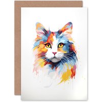 Artery8 Calico Cat Lover Gift Pet Portrait Orange Blue Artwork Painting Greeting Card