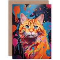 Artery8 Orange Tabby Cat Lover Gift Pet Portrait Abstract Pink Blue Artwork Painting Greeting Card