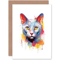 Artery8 Russian Blue Cat Lover Gift Pet Portrait Orange Blue Yellow Artwork Painting Greeting Card