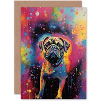 Artery8 Pug Dog Lover Gift Pet Portrait Colourful Neon Artwork Painting Greeting Card