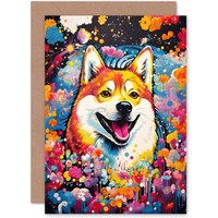 Artery8 Shiba Inu Dog Lover Gift Pet Portrait Colourful Artwork Painting Greeting Card