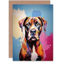 Artery8 Brindle Boxer Dog Lover Gift Pet Portrait Blue Pink Orange Artwork Painting Greeting Card