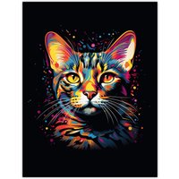 Artery8 Wall Art Print Bengal Cat Lover Gift Pet Portrait Orange Purple Blue on Black Artwork Painting Poster | Size: W18" x H24"