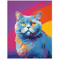 Artery8 Wall Art Print British Shorthair Cat Lover Gift Pet Portrait Purple Orange Blue Artwork Painting Poster | Size: W18" x H24"