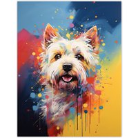 Artery8 Wall Art Print West Highland Terrier Dog Lover Gift Pet Portrait Blue Yellow Orange Artwork Painting Poster | Size: W18" x H24"