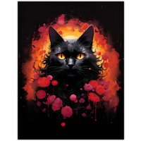 Artery8 Wall Art Print Black Cat Lover Gift Pet Portrait Red Roses Orange Flames Artwork Painting Poster | Size: W24" x H32"