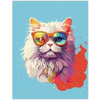 Artery8 Wall Art Print Persian Cat with Retro Sunglasses Gift Pet Portrait Baby Blue Orange Purple Artwork Painting Poster | Size: W24" x H32"