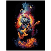 Artery8 Wall Art Print Smelly Cat Lover Gift Pet Portrait with Guitar Conceptual Orange Blue Purple Artwork Painting Poster | Size: W24" x H32"