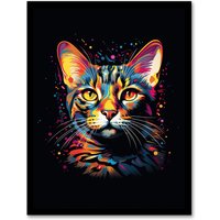 Artery8 Wall Art Print Bengal Cat Lover Gift Pet Portrait Orange Purple Blue on Black Artwork Painting Art Framed | Size: A4