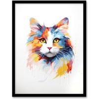 Artery8 Wall Art Print Calico Cat Lover Gift Pet Portrait Orange Blue Artwork Painting Art Framed | Size: A4