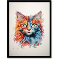 Artery8 Wall Art Print Maine Coon Cat Lover Gift Pet Portrait Orange Blue Pink Artwork Painting Art Framed | Size: A4