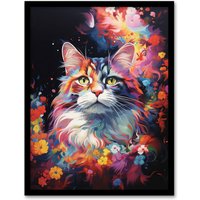 Artery8 Wall Art Print Norwegian Forest Cat Lover Gift Pet Portrait Colourful Artwork Painting Art Framed | Size: A4