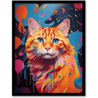 Artery8 Wall Art Print Orange Tabby Cat Lover Gift Pet Portrait Abstract Pink Blue Artwork Painting Art Framed | Size: A4