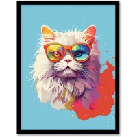 Artery8 Wall Art Print Persian Cat with Retro Sunglasses Gift Pet Portrait Baby Blue Orange Purple Artwork Painting Art Framed | Size: A4