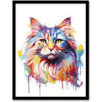 Artery8 Wall Art Print Siberian Cat Lover Gift Pet Portrait Pastel Colour Rainbow Artwork Painting Art Framed | Size: A4