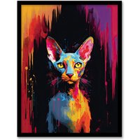 Artery8 Wall Art Print Sphynx Cat Lover Gift Pet Portrait Colourful Artwork Painting Art Framed | Size: A4
