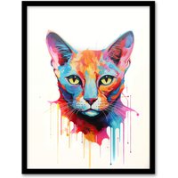 Artery8 Wall Art Print Tonkinese Cat Lover Gift Pet Portrait Pastel Colour Blue Orange Purple Artwork Painting Art Framed | Size: A4