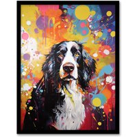 Artery8 Wall Art Print English Springer Spaniel Dog Lover Gift Pet Portrait Colourful Vibrant Artwork Painting Art Framed | Size: A4