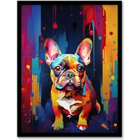 Artery8 French Bulldog Dog Lover Gift Pet Colourful Neon Framed Wall Art Print | Size: A4