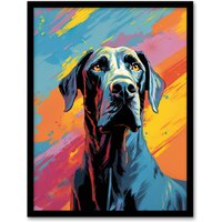 Artery8 Wall Art Print Great Dane Dog Lover Gift Pet Portrait Pastel Colour Blue Orange Purple Artwork Painting Art Framed | Size: A4