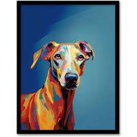 Artery8 Wall Art Print Greyhound Dog Lover Gift Pet Portrait Orange Blue Artwork Painting Art Framed | Size: A4