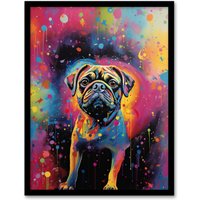 Artery8 Wall Art Print Pug Dog Lover Gift Pet Portrait Colourful Neon Artwork Painting Art Framed | Size: A4