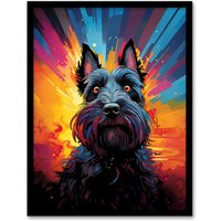 Artery8 Wall Art Print Scotty Dog Scottish Terrier Dog Lover Gift Pet Portrait Vibrant Orange Purple Blue Artwork Painting Art Framed | Size: A4