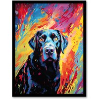 Artery8 Wall Art Print Black Labrador Retriever Dog Lover Gift Pet Portrait Vibrant Colourful Artwork Painting Art Framed | Size: A4