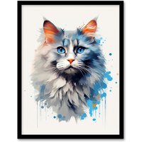 Artery8 Wall Art Print Grey Point Ragdoll With Blue Eyes Cat Lover Gift Pet Portrait Bright Artwork Painting Art Framed | Size: W12" x H16"