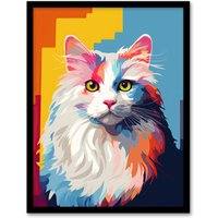 Artery8 Wall Art Print Ragdoll Cat Lover Gift Pet Portrait Orange Blue Purple Artwork Painting Art Framed | Size: W12" x H16"