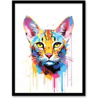 Artery8 Wall Art Print Savannah Cat Lover Gift Pet Portrait Orange Blue Pink Artwork Painting Art Framed | Size: W12" x H16"