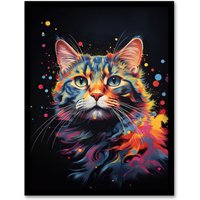 Artery8 Wall Art Print Tabby Cat Lover Gift Pet Portrait Blue Pink Orange on Black Artwork Painting Art Framed | Size: W12" x H16"