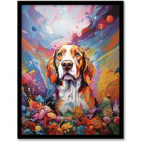 Artery8 Wall Art Print Beagle Dog Lover Gift Pet Portrait Colourful Sky Artwork Painting Art Framed | Size: W12" x H16"