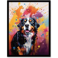 Artery8 Wall Art Print Bernese Mountain Dog Lover Gift Pet Portrait Orange Purple Blue Artwork Painting Art Framed | Size: W12" x H16"