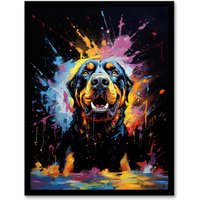 Artery8 Wall Art Print Rottweiler Dog Lover Gift Pet Portrait Blue Orange Purple Artwork Painting Art Framed | Size: W12" x H16"