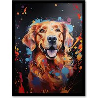 Artery8 Wall Art Print Red Golden Retriever Dog Lover Gift Pet Portrait Orange Blue on Black Artwork Painting Art Framed | Size: W12" x H16"
