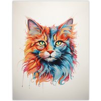 Artery8 Wall Art Print Maine Coon Cat Lover Gift Pet Portrait Orange Blue Pink Artwork Painting Poster | Size: W12" x H16"